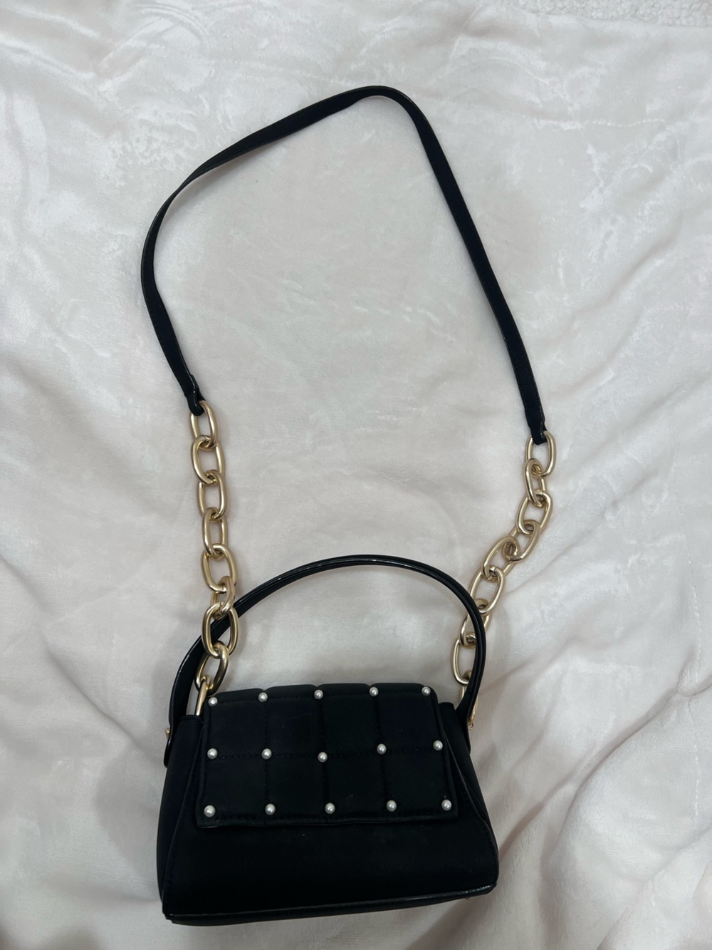House of Want Black Quilted Crossbody Bag with Gold Chain and Pearl Accents